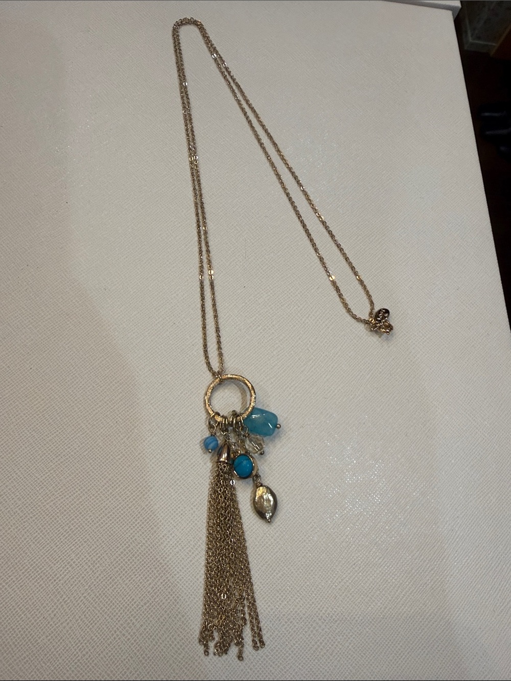 Gold Tassel Long Pendant Necklace with Blue Beads